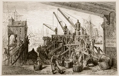 Limehouse Dock, z „Londyn, pielgrzymka”, napisany przez Williama Blancharda Jerrolda (1826-84) i wygrawerowany przez A. Domsa, 1872